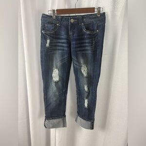 Almost Famous Skinny Jeans Cuffed Distressed Low Rise Y2K Juniors Size 3 EUC